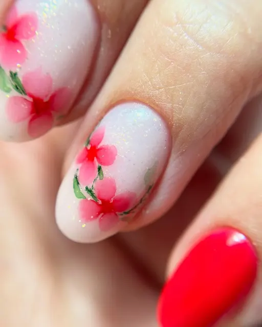 Ręcznie malowane kwiaty wiśni na paznokciach, nail art — Forever Beauty Gliwice